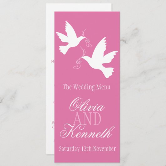 Twee duiven roze & wit bruiloft diner menu (Voorkant / Achterkant)