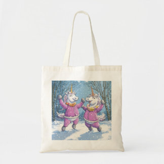 Twee eenhoorns in sneeuwoutfit tote bag