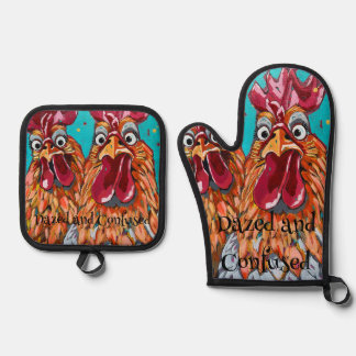 Twee eigenzinnige hanen ovenwant & pannenlap set