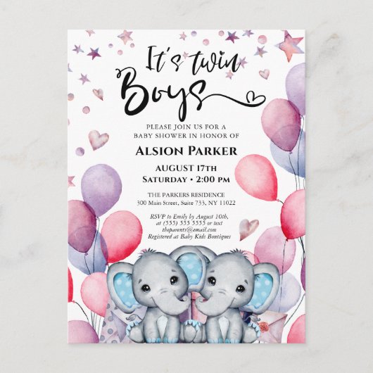 Twee-eiige jongens Olifant Blauwe Ballonnen Mooie Uitnodiging Briefkaart (Voorkant)