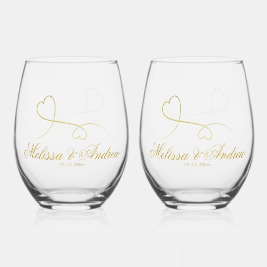Twee Elegant Gold Hearts | Weddenschap Wijnglas Zonder Voet (Voorkant)