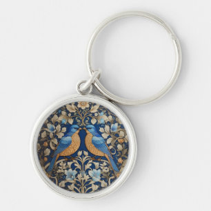 Twee elegante blauwe vogels William Morris geïnspi Sleutelhanger