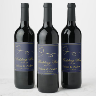 Twee Elegante Gouden Harten Navy Blauwe Trouw Wi Wijn Etiket