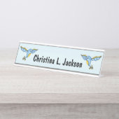 Twee fantasy Flying Bluebird Yellow Scrolling Tail Bureau Naambordje (Voorkant)