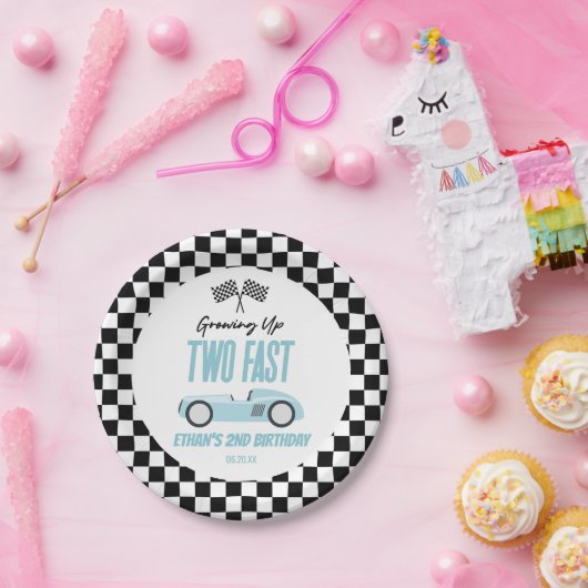 Twee Fast Blue Race Car 2e Verjaardagsfeest Papieren Bordje (Feest)