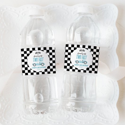 Twee Fast Blue Race Car 2e Verjaardagsfeest Waterfles Etiket