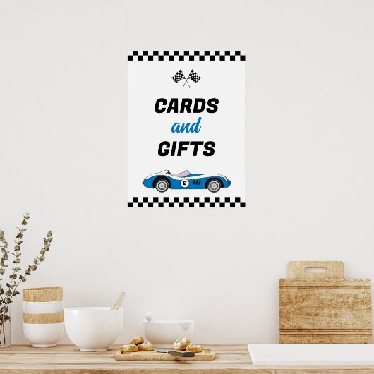 Twee Fast Blue Race Car verjaardagskaarten en gesc Poster (Keuken)