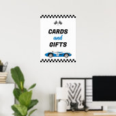 Twee Fast Blue Race Car verjaardagskaarten en gesc Poster (Thuiskantoor)