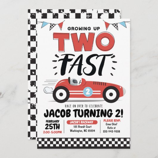 Twee Fast Race Car 2e verjaardag Uitnodiging (Voorkant / Achterkant)