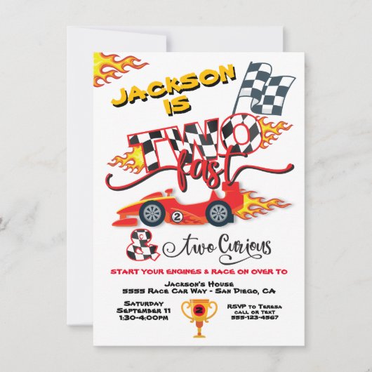 Twee Fast Race Car 2e verjaardag Uitnodiging (Voorkant)