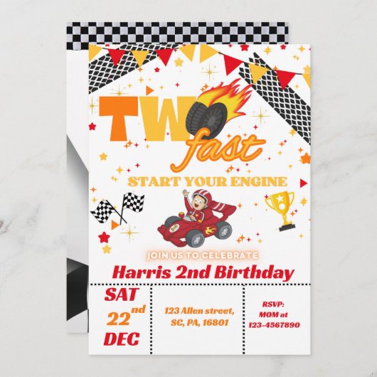 Twee Fast Race Car 2e verjaardag Uitnodiging (Voorkant / Achterkant)