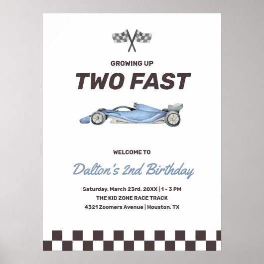 Twee Fast Race Car 2nd Boy's Birthday Welkom Poster (Voorkant)