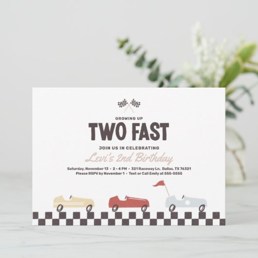 Twee Fast Race Car Boy 2e verjaardag Uitnodiging (Staand voorkant)