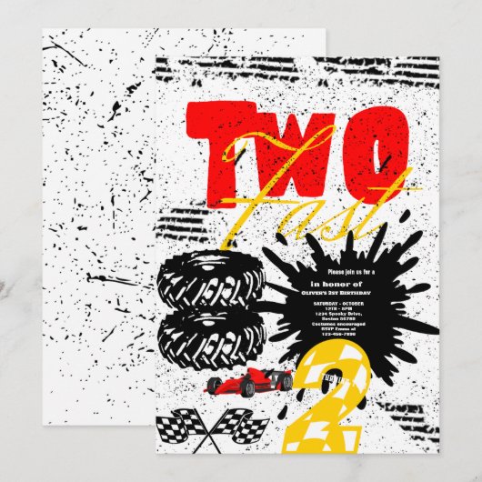 Twee Fast Race Car Boy 2e verjaardag Uitnodiging (Voorkant / Achterkant)