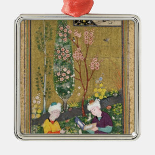 Twee figuren die in een boomgaard worden afgelezen metalen ornament