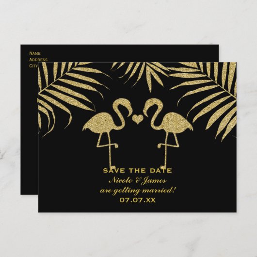 Twee flamingo's houden van zwart en goud Save the  Aankondigingskaart (Voorkant / Achterkant)
