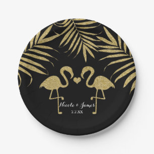 Twee Flamingos Love Black & Gold Wedding Party Papieren Bordje
