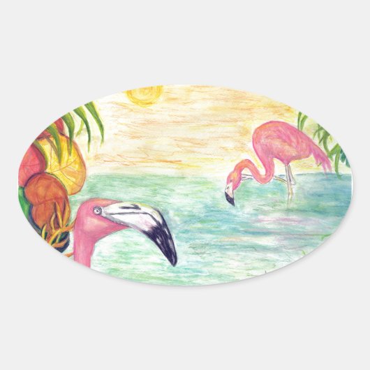 Twee Florida Flamingos Waterverf Art Ovale Sticker (Voorkant)