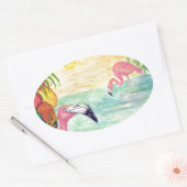 Twee Florida Flamingos Waterverf Art Ovale Sticker (Envelop)