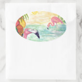 Twee Florida Flamingos Waterverf Art Ovale Sticker (Tas)
