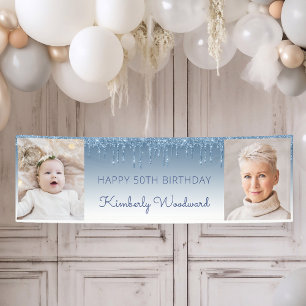 Twee Foto Blauwe Druppelende Glitters 50e Verjaard Spandoek