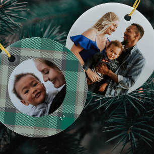 Twee foto geruite groene elegante kerstvakantie keramisch ornament