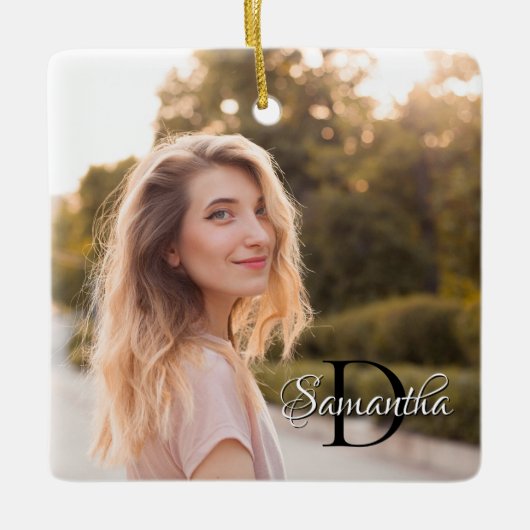 Twee foto Girly Chic Monogram Keramisch Ornament (Voorkant)