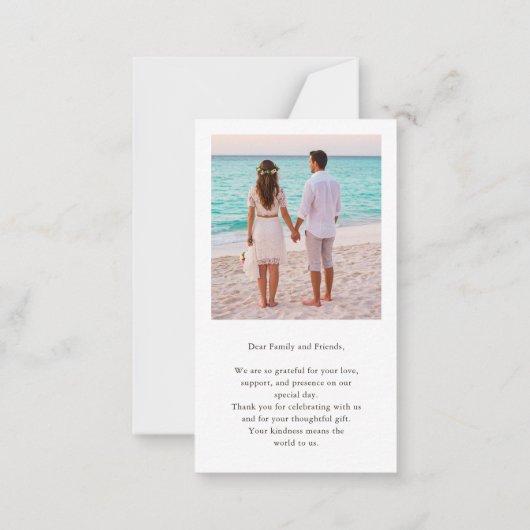 Twee foto moderne script bruiloft budget dank u notitiekaartje (Achterkant)