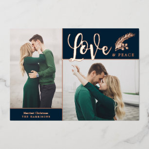 Twee foto van Elegant Love en Peace Navy Blue Folie Feestdagenkaart