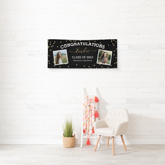 Twee foto van Glitter Black Gefeliciteerd Afstuder Spandoek (Insitu)