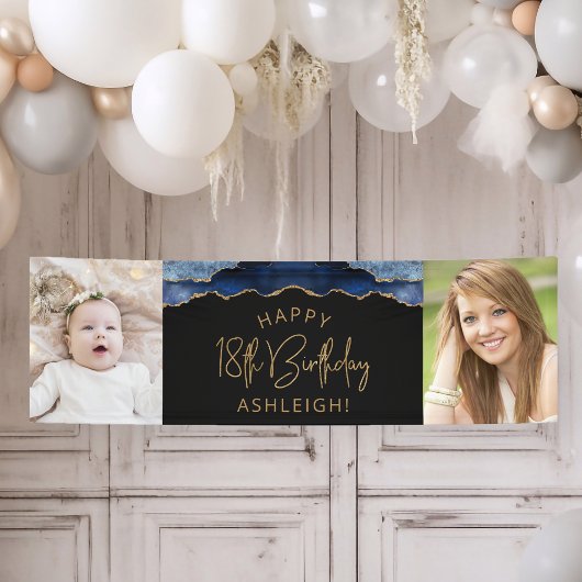 Twee foto van Navy Blue Gold Agate 18th Birthday Spandoek