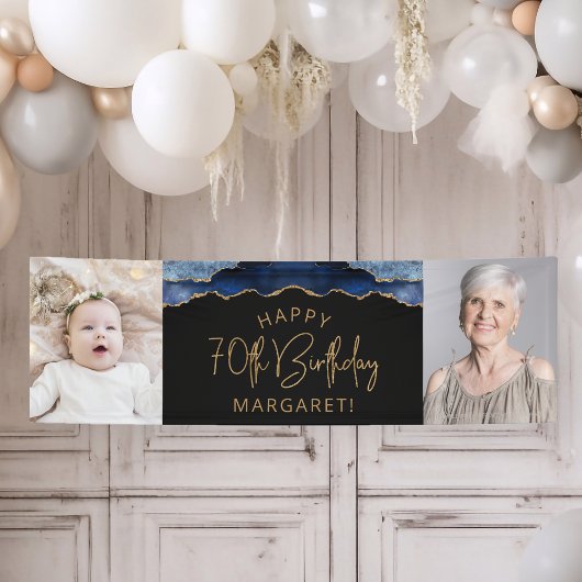 Twee foto van Navy Blue Gold Agate 70th Birthday Spandoek