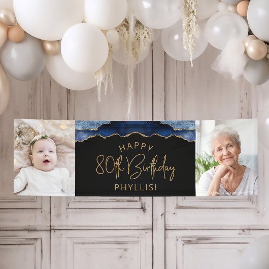 Twee foto van Navy Blue Gold Agate 80th Birthday Spandoek