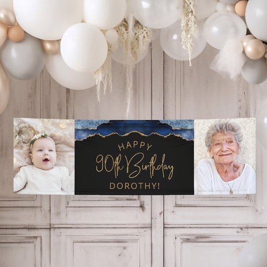Twee foto van Navy Blue Gold Agate 90th Birthday Spandoek
