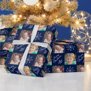 Twee fotocollage Navy Blue Merry Christmas Cadeaupapier