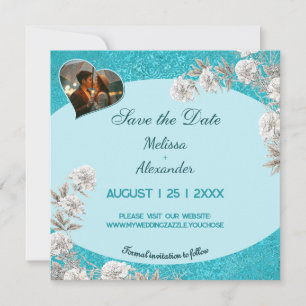 Twee foto's Bloemig abstract blauw elegante trouw Save The Date