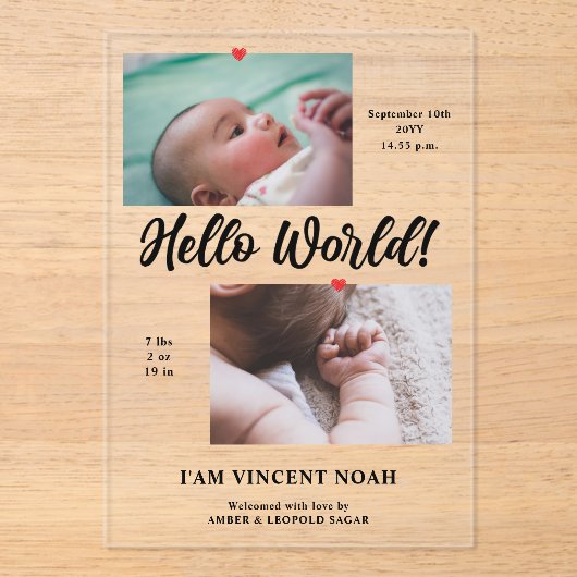 Twee foto's Boy Birth Aankondiging Acryl Kaart Acryl Uitnodigingen (Voorkant)