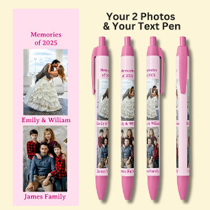 Twee foto's, Naam Datum, jouw tekst op Roze, Roze Zwarte Inkt Pen