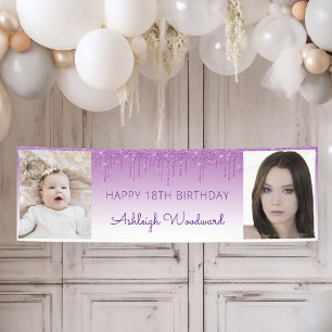 Twee Foto's Paarse Drip Glitter 18e Verjaardag Spandoek