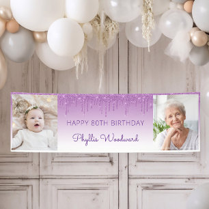 Twee Foto's Paarse Drip Glitters 80ste Verjaardag Spandoek