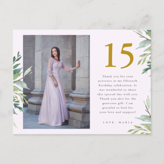 Twee Foto's Quinceanera Roze Bedankt Groenery Briefkaart (Voorkant)