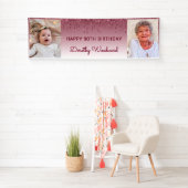Twee foto's van Burgundy Dripping Glitter 90th Bir Spandoek (Insitu)