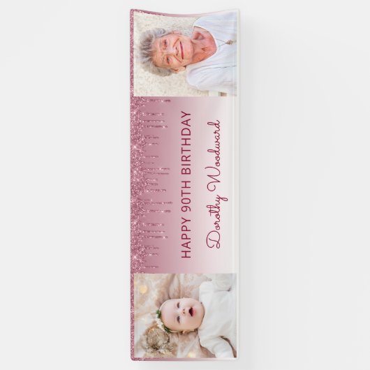 Twee foto's van Burgundy Dripping Glitter 90th Bir Spandoek (Verticaal)