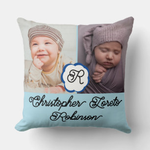 Twee foto's & volledige naam & Monogram Baby boy Kussen