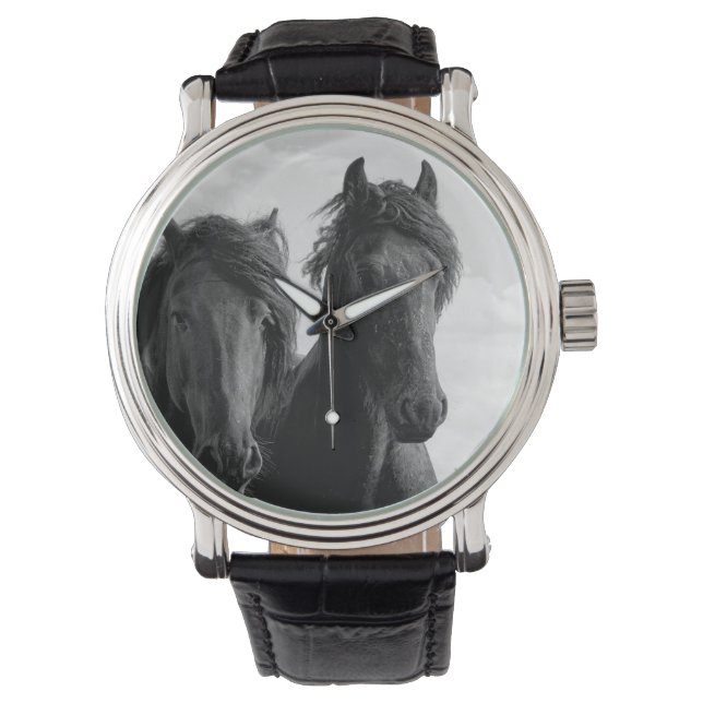 Twee Friesian stallions. Horloge (Voorkant)