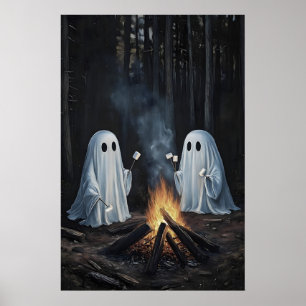 Twee geesten bij kampvuur in het bos met marshmall poster