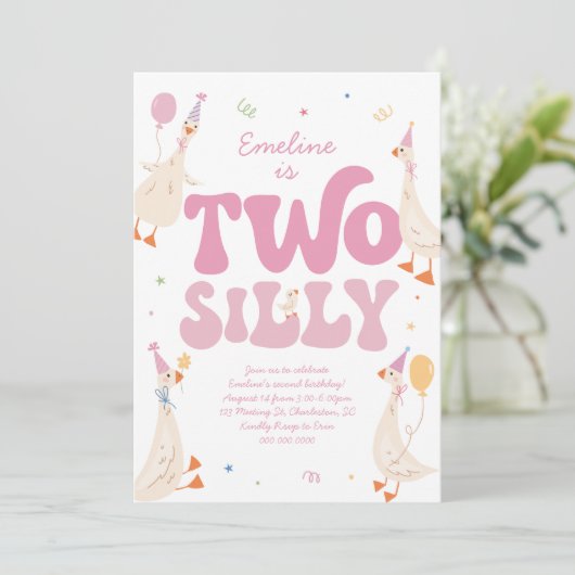 Twee Gekke Gans 2e verjaardag Uitnodiging Meisje R (Staand voorkant)