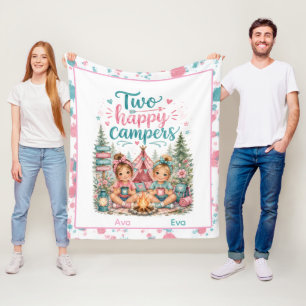 Twee Gelukkige Kampeerders Tweeling Meisjes Verjaa Fleece Deken
