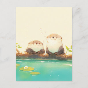 Twee Gelukkige Otters op Zomerstam Briefkaart