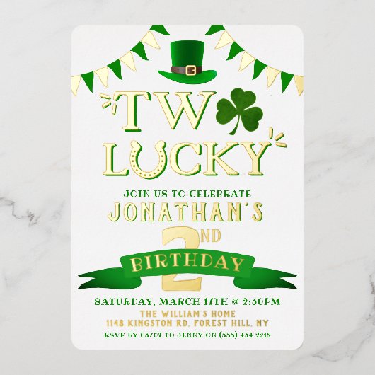 Twee gelukkige St. Patrick's Day 2nd Birthday Real Folie Uitnodiging (Voorkant)